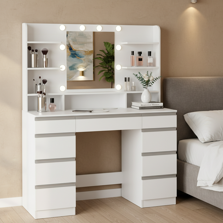 Coiffeuse lumineuse blanche et argent