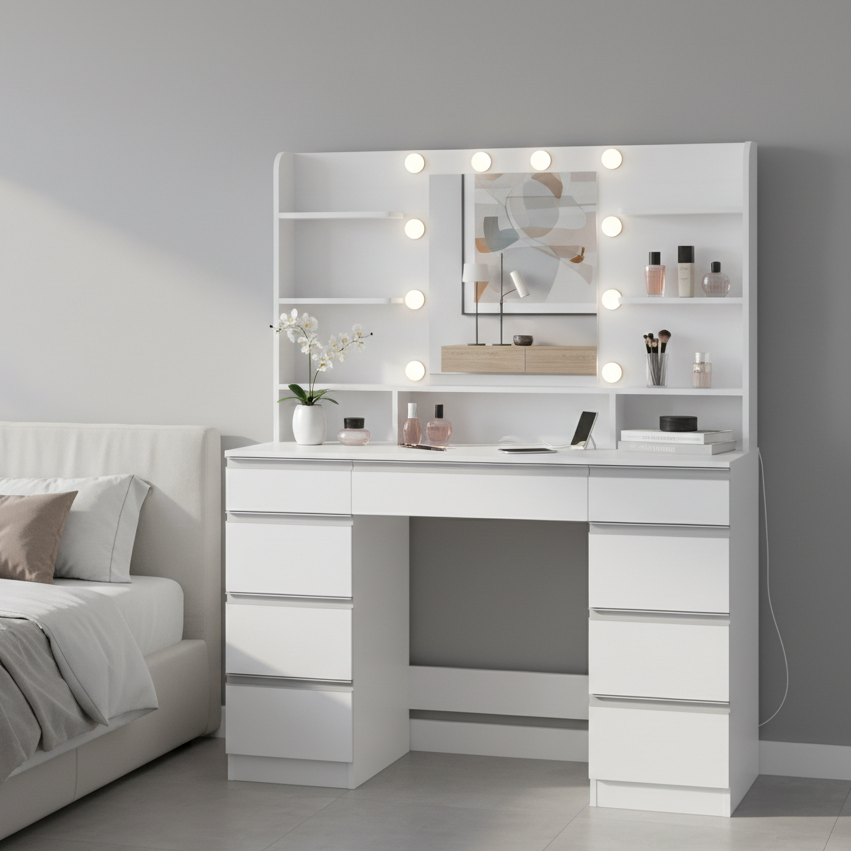 Coiffeuse lumineuse blanche et argent