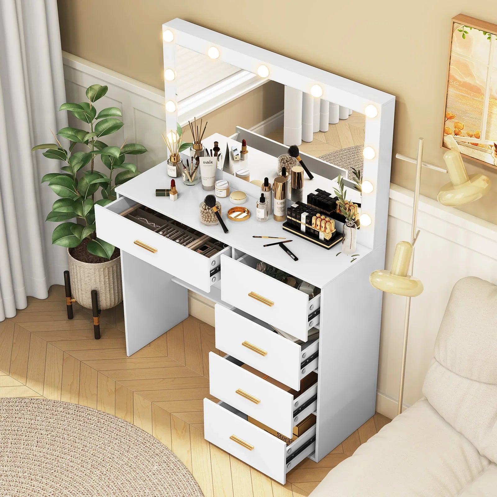 Coiffeuse blanche moderne miroir LED