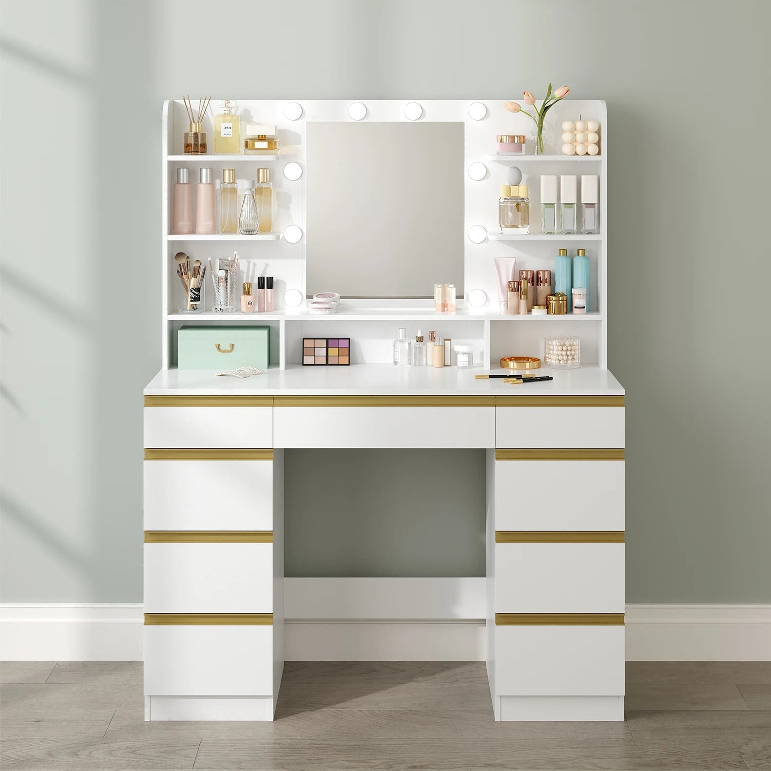 Coiffeuse lumineuse blanche et dorée