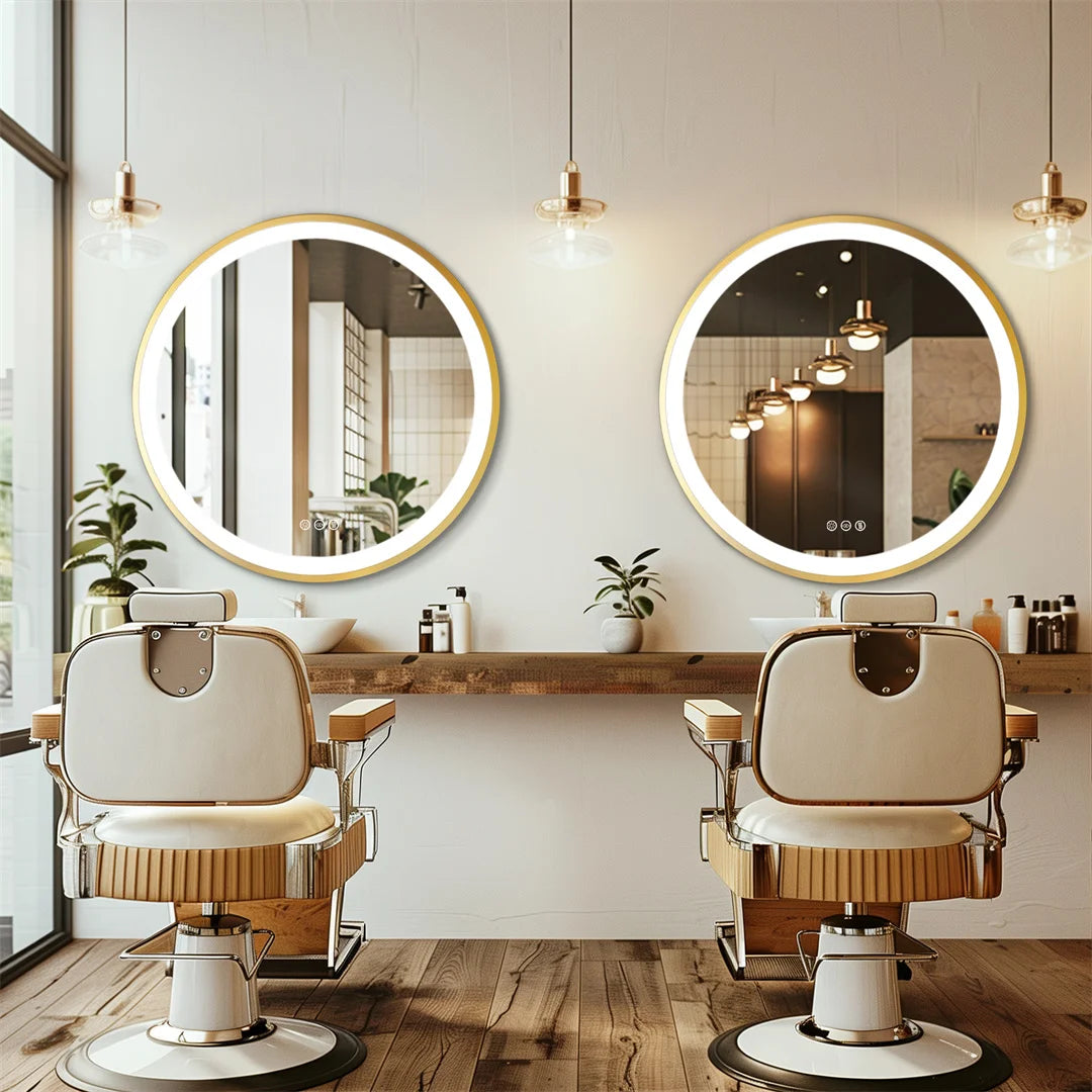 Miroir rond lumineux cadre doré