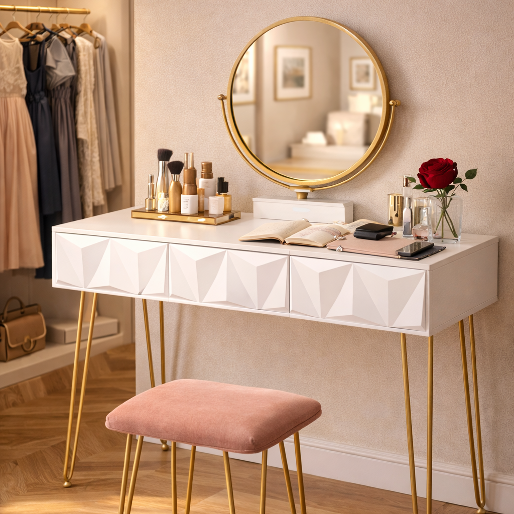Coiffeuse design blanc doré miroir pivotant
