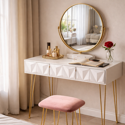 Coiffeuse design blanc doré miroir pivotant