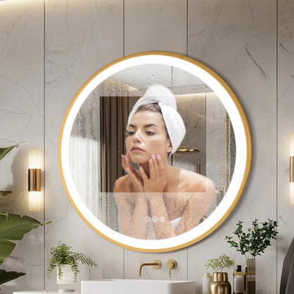 Miroir rond lumineux cadre doré