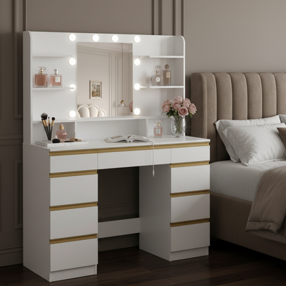 Coiffeuse lumineuse blanche et dorée