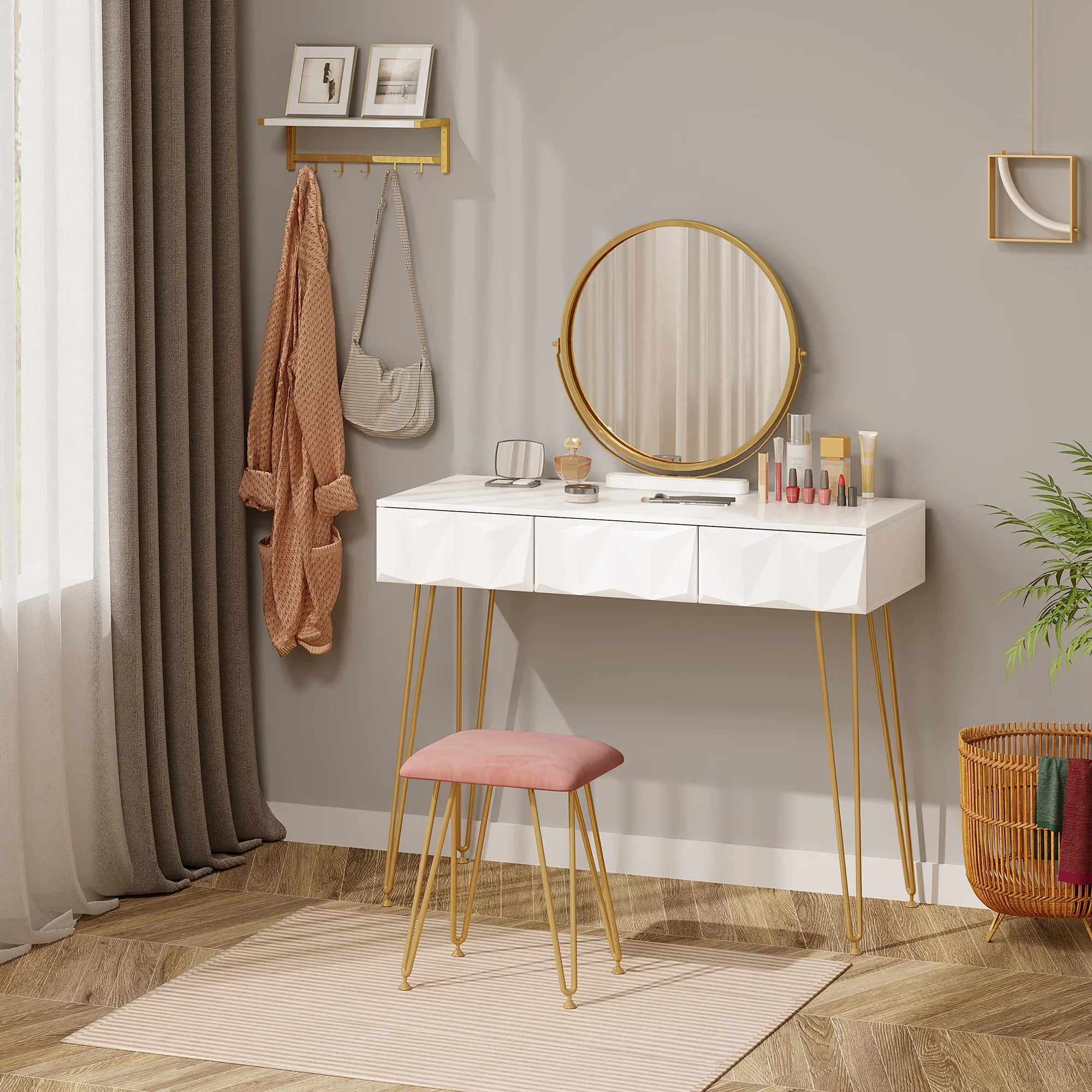 Coiffeuse design blanc doré miroir pivotant