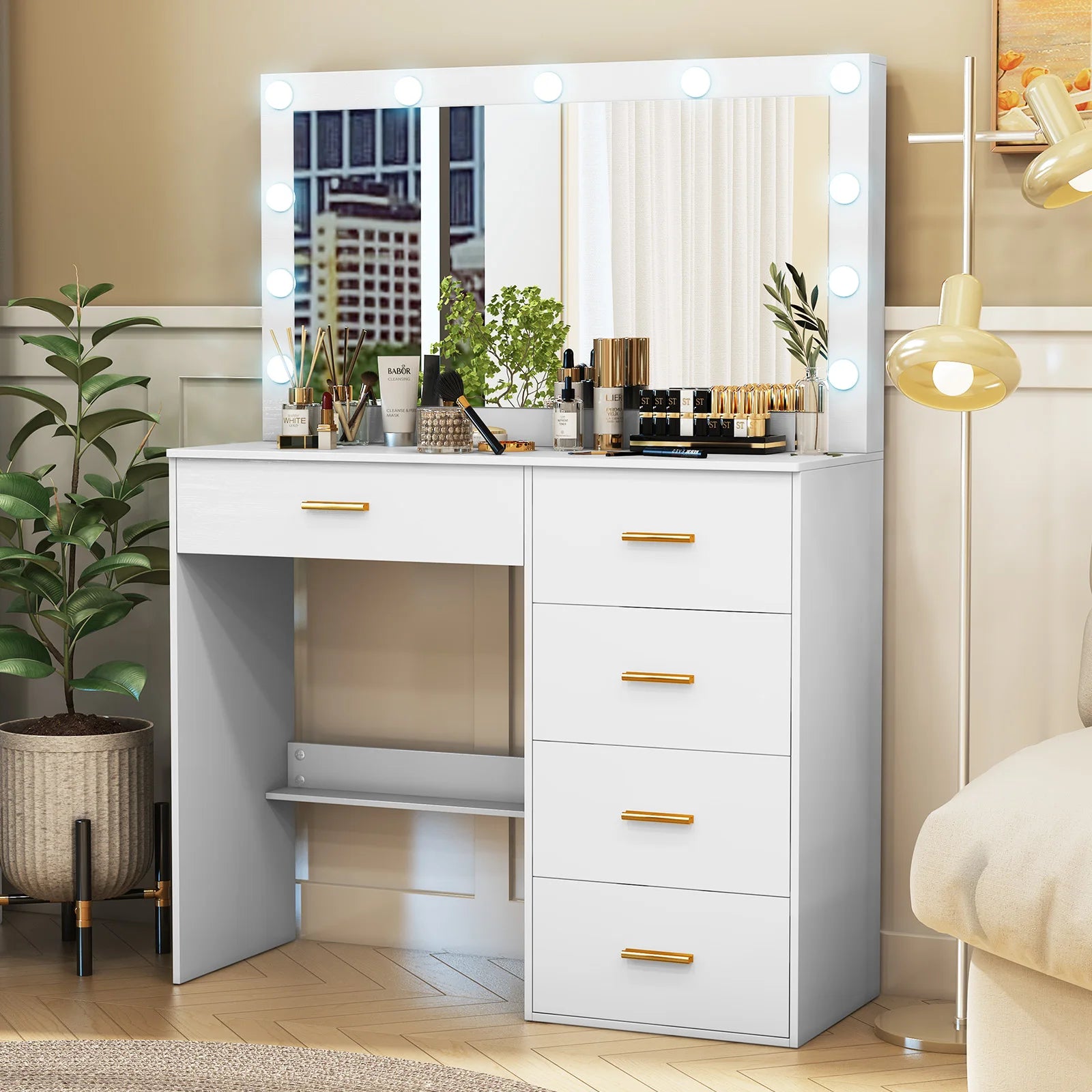 Coiffeuse blanche moderne miroir LED